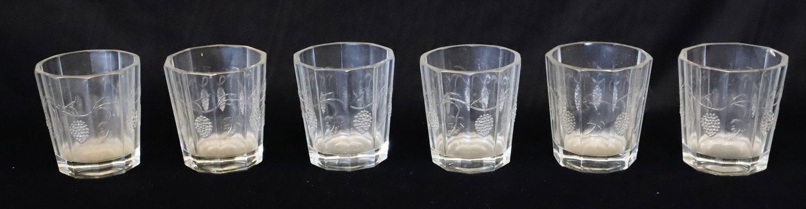 (6) MATCHING PRESSED GLASS TUMBLERS: MRKD. AMM ON BOTTOM. 3 3/4" X 3 1/4". PLEASE READ CAREFULLY - ITEMS MUST BE PAID FOR THROUGH LIVE AUCTIONEERS OR WITH CASH OR CHECK IN PERSON - Terms for Purchasing and Shipping of Auction Items.