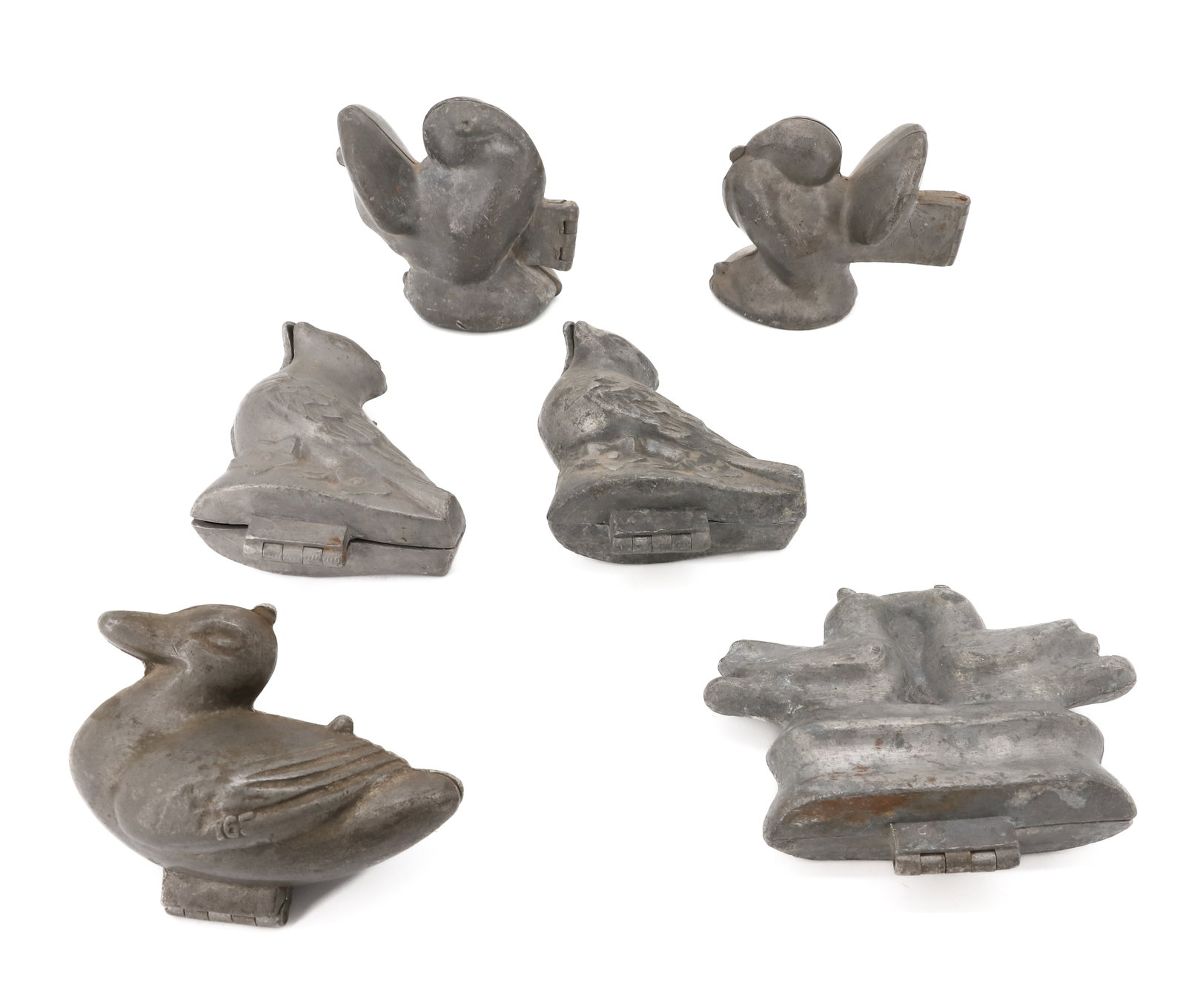 LOT OF (6) BIRD ICE CREAM MOLDS, CHOCOLATE: ALL BIRD FORMS INCLUDING: LOVEBIRDS (S&CO. 177) 4" X 5" TOTAL SIZE. DUCK (165). TWO TURKEYS (ONE MRKD. E&CO. 650). TWO MATCHING BIRDS MRKD. 342. PLEASE READ CAREFULLY - ITEMS MUST BE PAID FOR THROUGH 