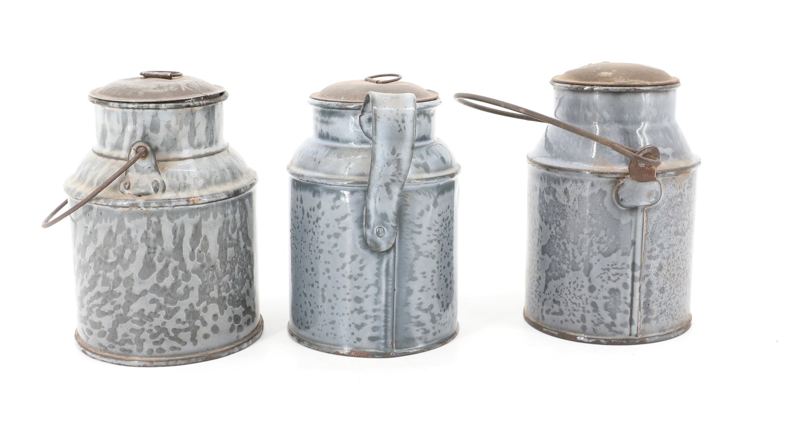 (3) SMALL SIZE AGATE CREAM / MILK CANS: SMALLEST HAS SIDE HANDLE W/ TIN LID. 4 1/2" X 3 1/4". WITH, TWO SIMILAR SIZE CANS WITH TIN LIDS AND WIRE HANDLES. 4 5/8" X 3 1/2" AND 4 3/4" X 3 1/4". PLEASE READ CAREFULLY - ITEMS MUST BE PAID FOR