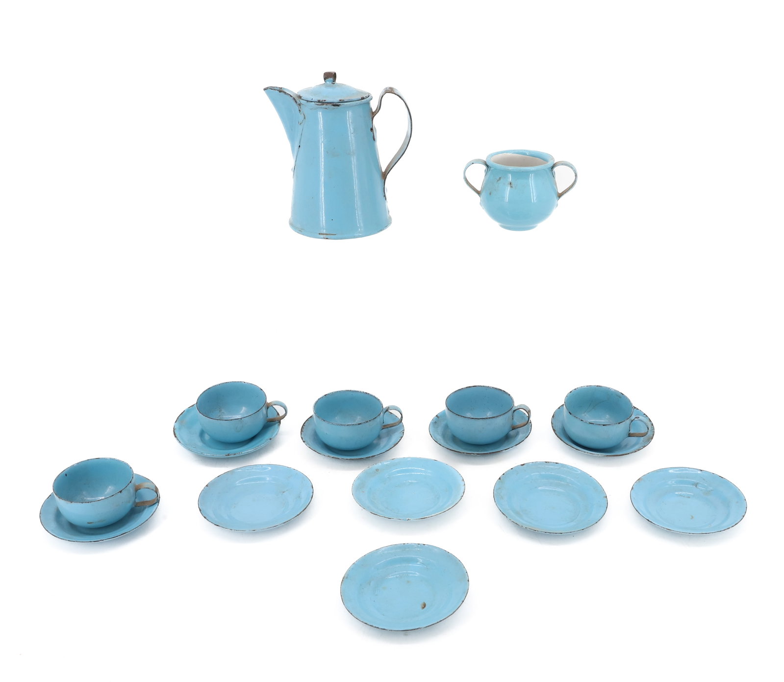 CHILD'S MINIATURE AGATE TEA SET: LIGHT BLUE AGATE INCLUDING: TEAPOT (3 3/4" H.), SUGAR BOWL, FIVE CUPS AND TEN SAUCERS. PLEASE READ CAREFULLY - ITEMS MUST BE PAID FOR THROUGH LIVE AUCTIONEERS OR WITH CASH OR CHECK IN PERSON - Terms