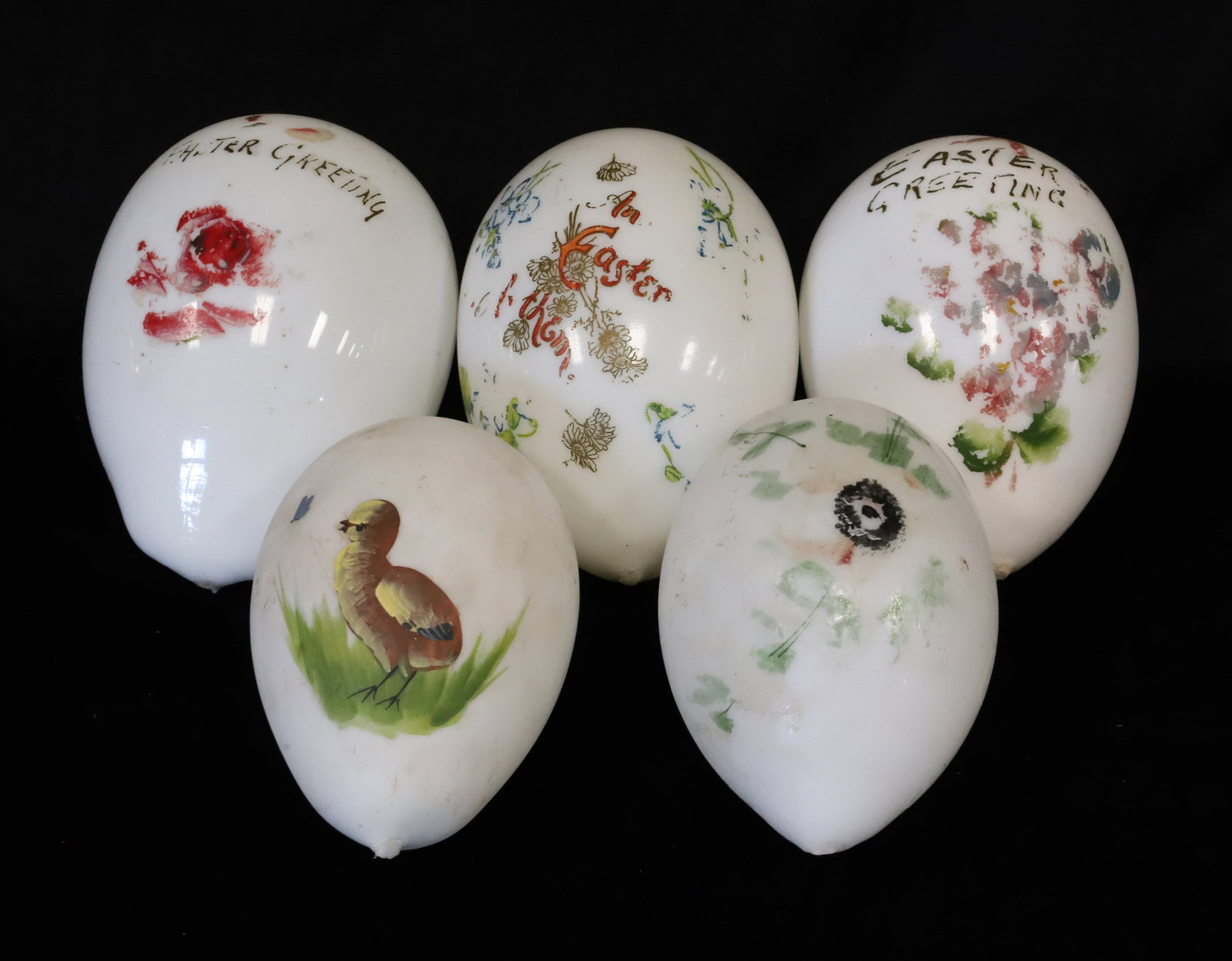 (5) BLOWN GLASS EASTER EGGS: WHITE MILK GLASS W/ HAND PAINTED DECORATION. 5" TO 6" LENGTHS. PLEASE READ CAREFULLY - ITEMS MUST BE PAID FOR THROUGH LIVE AUCTIONEERS OR WITH CASH OR CHECK IN PERSON - Terms for Purchasing and