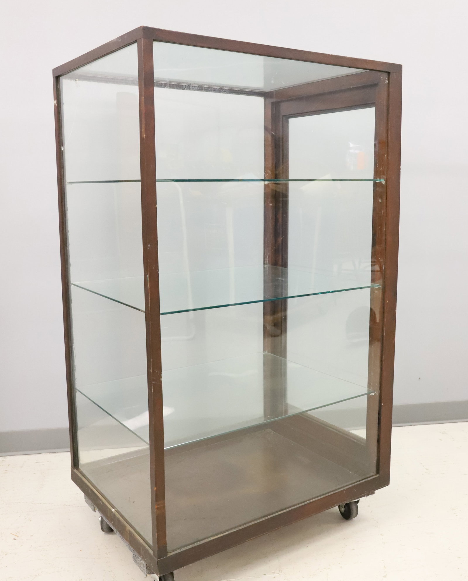 LARGE GLASS DISPLAY CASE: WOODEN FRAMEWORK W/ SINGLE LARGE DOOR ON BACK. THREE INTERIOR GLASS SHELVES. 48" X 30 1/4" X 23 3/8". THIS ITEM CANNOT BE SHIPPED DUE TO SIZE. WINNING BIDDER IS RESPONSIBLE FOR PICK-UP IN 18013 OR SEC