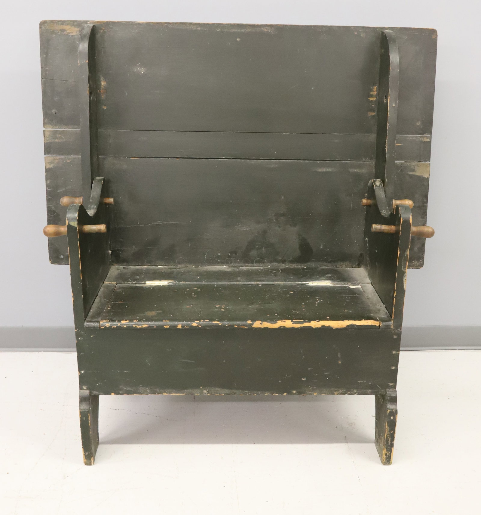 PAINTED HUTCH TABLE: 19TH C. HUTCH TABLE WITH HINGED LID STORAGE SEAT. THREE-BOARD TOP. LARGE HALF-MOON CUT-OUTS. 29 3/4" X 48" X 29 3/4". PLEASE READ CAREFULLY - ITEMS MUST BE PAID FOR THROUGH LIVE AUCTIONEERS OR WITH