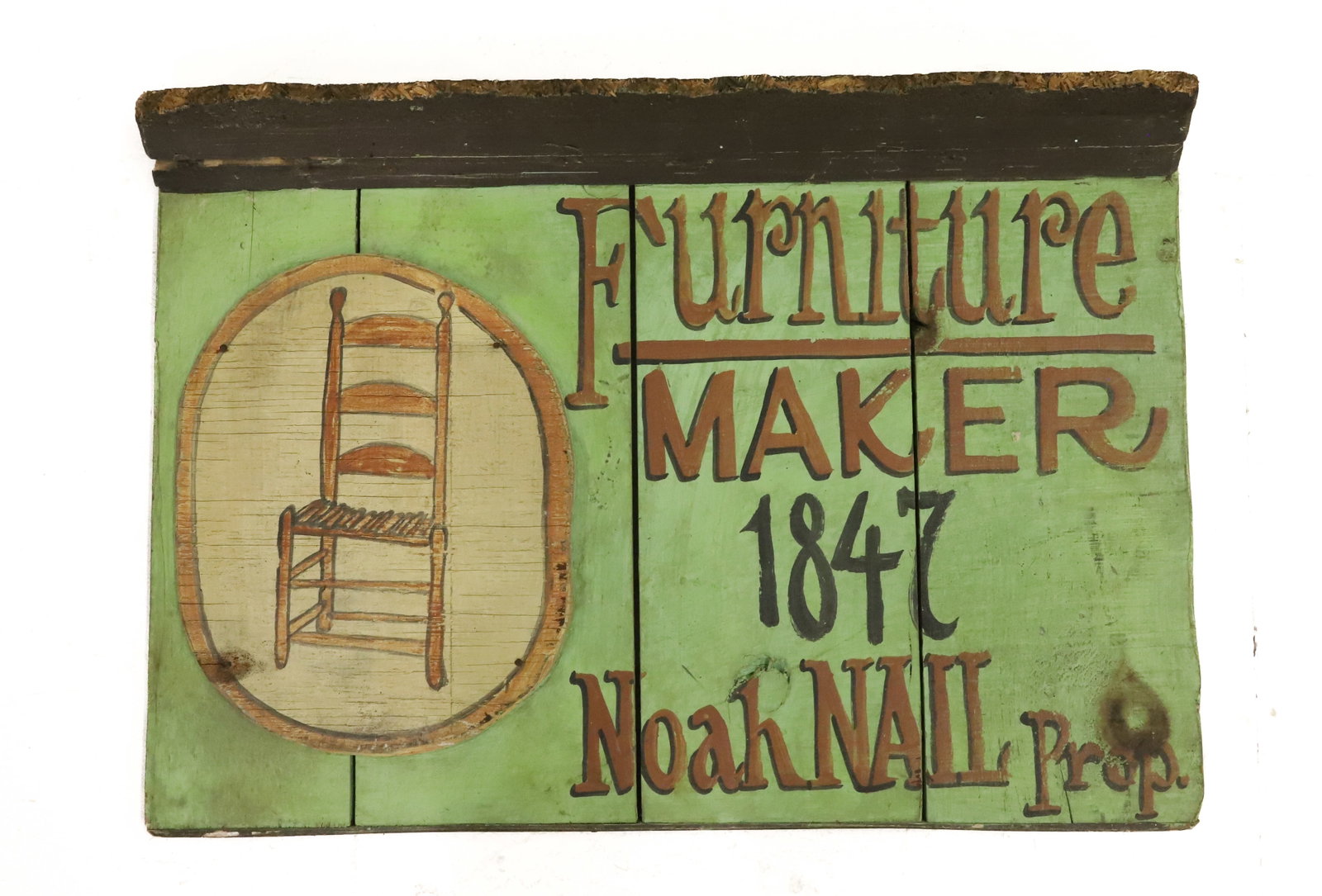 PAINTED WOODEN TRADE SIGN: DECORATIVE WOODEN SIGN "FURNITURE MAKER 1847, NOAH NAIL, PROP" 19 3/4" X 28". PLEASE READ CAREFULLY - ITEMS MUST BE PAID FOR THROUGH LIVE AUCTIONEERS OR WITH CASH OR CHECK IN PERSON - Terms for