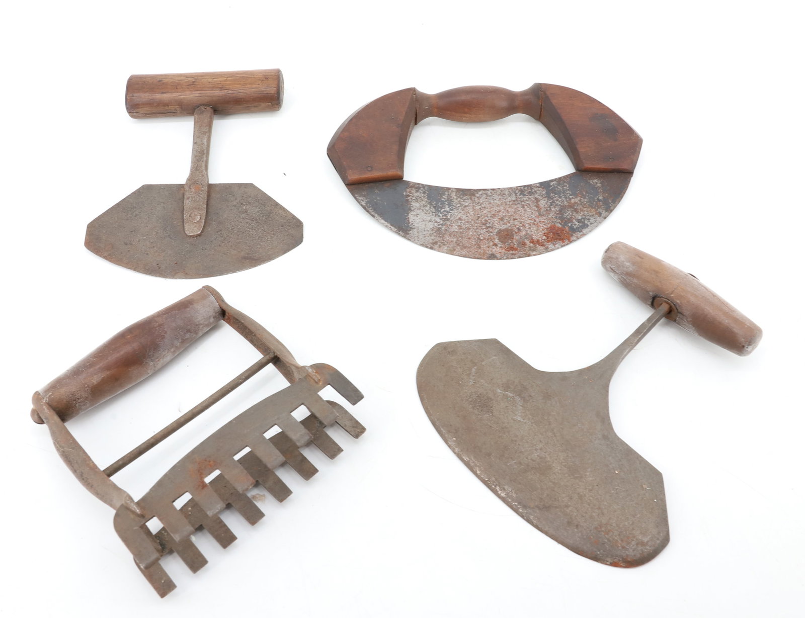 LOT OF ANTIQUE FOOD CHOPPERS: IRON/STEEL BLADES W/ WOODEN HAND GRIPS. LARGEST 8" L. PLEASE READ CAREFULLY - ITEMS MUST BE PAID FOR THROUGH LIVE AUCTIONEERS OR WITH CASH OR CHECK IN PERSON - Terms for Purchasing and Shipping of