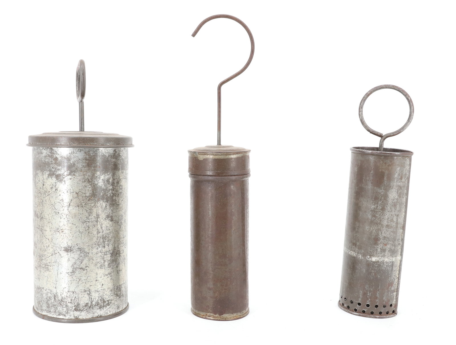 (3) TIN KITCHEN MIXERS: LARGEST IS 9 1/2" X 3 5/8". TIN LID WITH THREE TIER PLUNGER. CYLINDRICAL MIXER W/ LID. INTERIOR CONICAL PLUNGER. 11" H. SMALLEST HAS TWO ROWS OF PERFORATED HOLES AT BOTTOM. 8 1/2" H. PLEASE READ CAREF