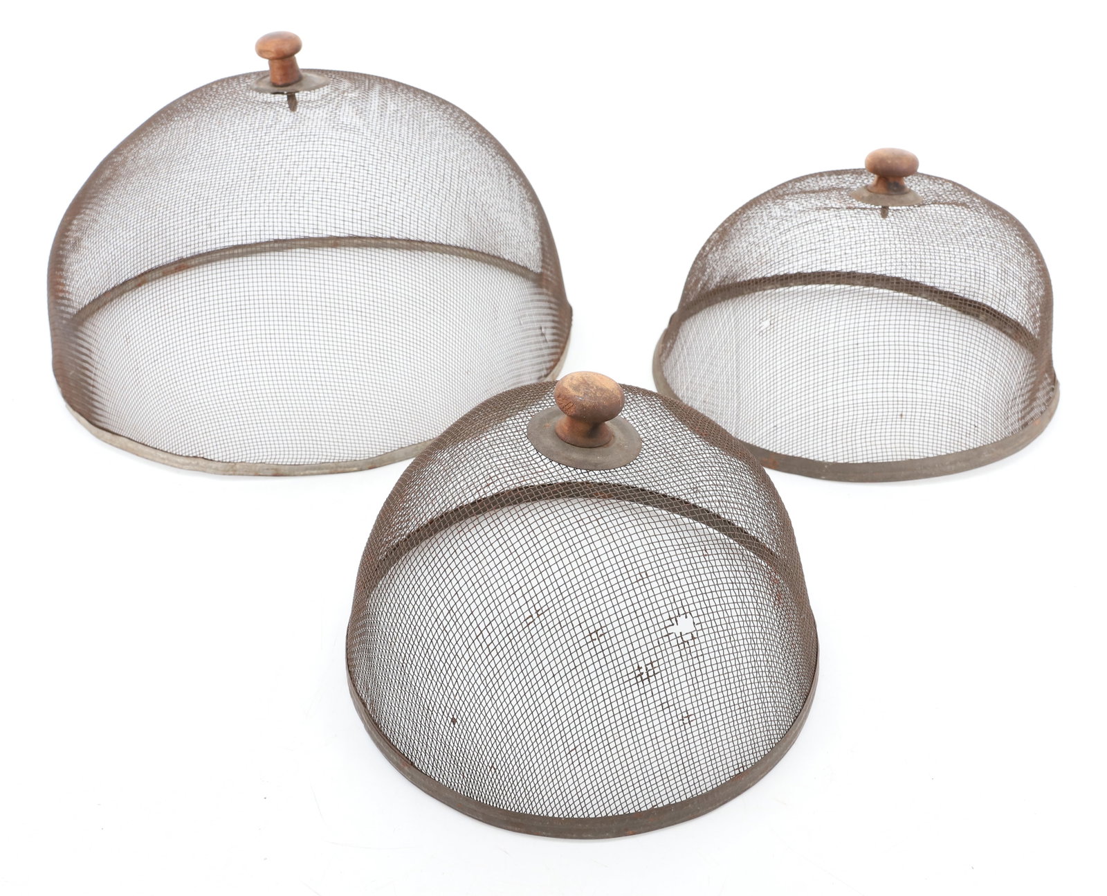 (3) WIRE MESH FLY DOMES: WIRE W/ TIN TRIM AND WOODEN KNOBS. 6 1/2" TO 10 1/2". PLEASE READ CAREFULLY - ITEMS MUST BE PAID FOR THROUGH LIVE AUCTIONEERS OR WITH CASH OR CHECK IN PERSON - Terms for Purchasing and Shipping of