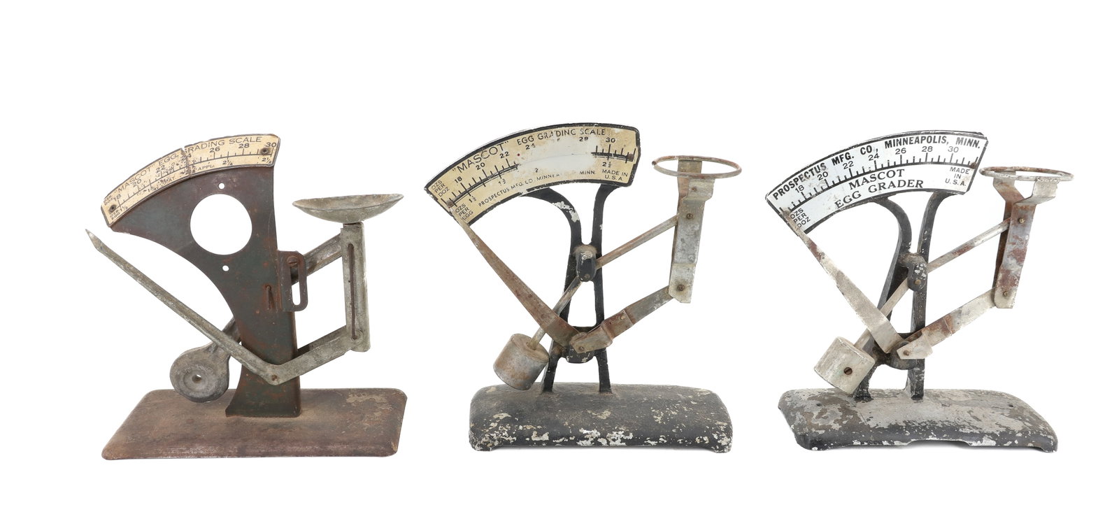 (3) "MASCOT" EGG GRADING SCALES: PAINTED METAL. BY PROSPECTUS MFG. CO. MINNEAPOLIS, MINN. 7" X 6". PLEASE READ CAREFULLY - ITEMS MUST BE PAID FOR THROUGH LIVE AUCTIONEERS OR WITH CASH OR CHECK IN PERSON - Terms for Purchasing and