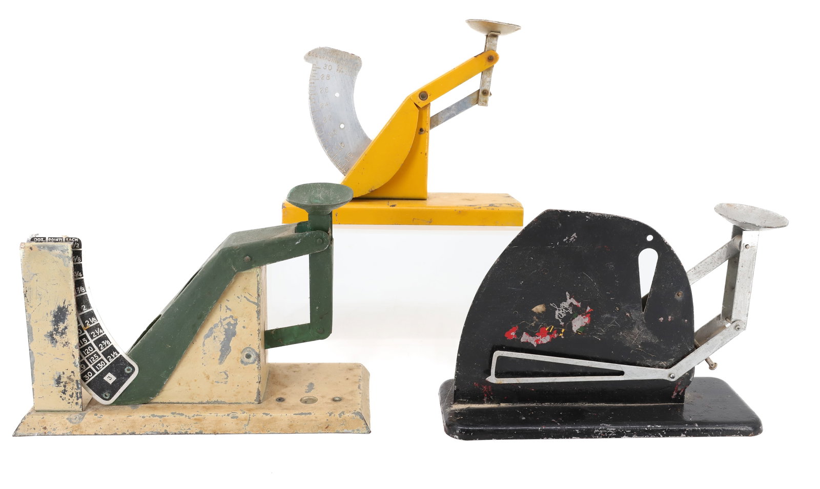 (3) VINTAGE EGG SCALES: PAINTED METAL EXAMPLES. YELLOW SCALE IS BY "GRAHAM" (7" L). OTHER TWO SCALES ARE UNMARKED. PLEASE READ CAREFULLY - ITEMS MUST BE PAID FOR THROUGH LIVE AUCTIONEERS OR WITH CASH OR CHECK IN PERSON -