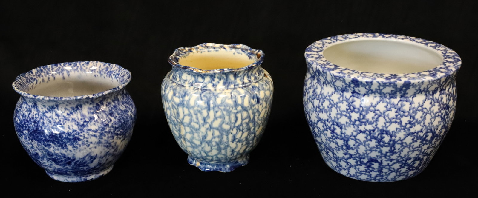 (3) BLUE / WHITE SPONGEWARE JARDINIERE / FLOWER POTS: VARIOUS SIZES AND STYLES. 5" X 5 3/4", 6" X 5" AND 6" X 8". PLEASE READ CAREFULLY - ITEMS MUST BE PAID FOR THROUGH LIVE AUCTIONEERS OR WITH CASH OR CHECK IN PERSON - Terms for Purchasing and Shipping 