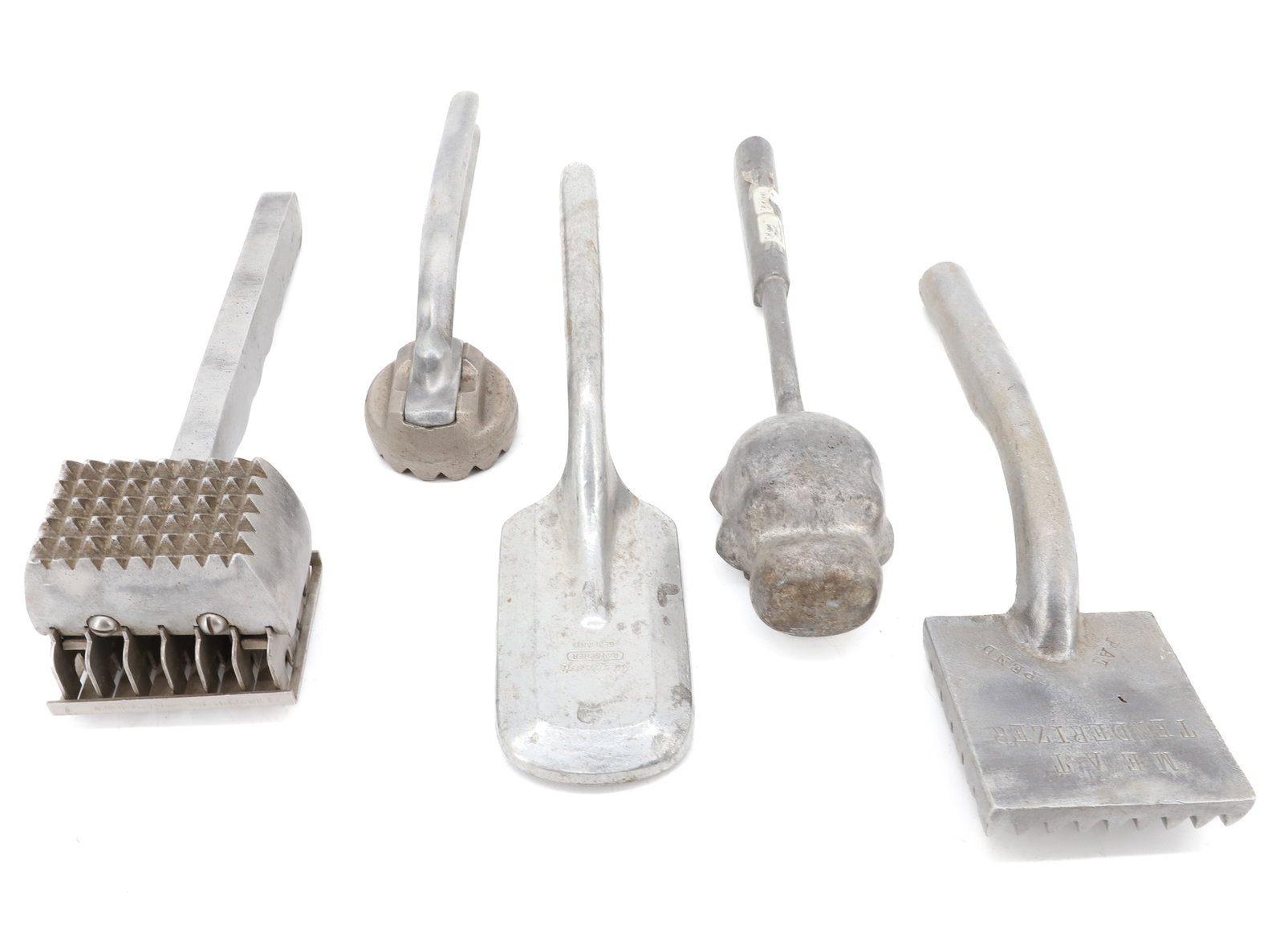 (5) VINTAGE ALUMINUM MEAT TENDERIZERS: INCLUDING: HIPPO SHAPED TOP, SMALLEST MRKD. "GRAHAM PRODUCTS CO." ONE MRKD. "WESTMARK, GERMANY" AND MORE. PLEASE READ CAREFULLY - ITEMS MUST BE PAID FOR THROUGH LIVE AUCTIONEERS OR WITH CASH OR CHECK