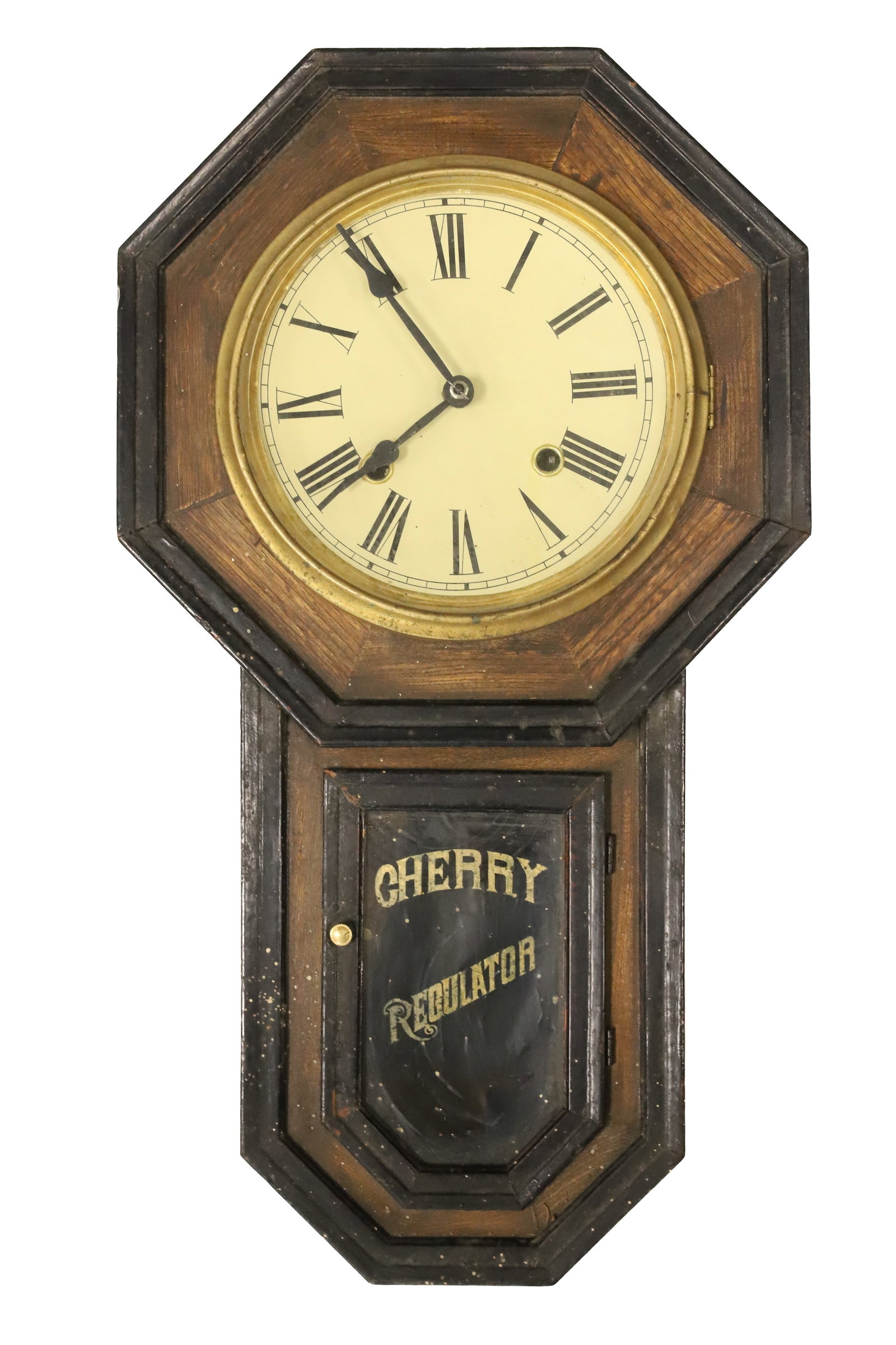 ANTIQUE REGULATOR WALL CLOCK: OCTAGONAL TOP WITH ROUND PAPER FACE. GLASS DOOR MRKD. "CHERRY REGULATOR". CHINESE CHARACTERS ON WOODEN CASE. INCLUDES PENDULUM AND KEY. 21 3/4" X 12". PLEASE READ CAREFULLY - ITEMS MUST BE PAID FOR TH