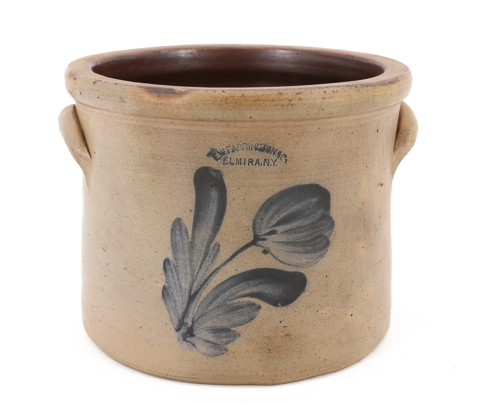 ELMIRA, NY BLUE DECORATED CROCK: BLUE FLORAL DECORATION. MRKD. E.W. FARRINGTON & CO., ELMIRA, N.Y. 6 3/4" X 8 1/2". PLEASE READ CAREFULLY - ITEMS MUST BE PAID FOR THROUGH LIVE AUCTIONEERS OR WITH CASH OR CHECK IN PERSON - Terms for P