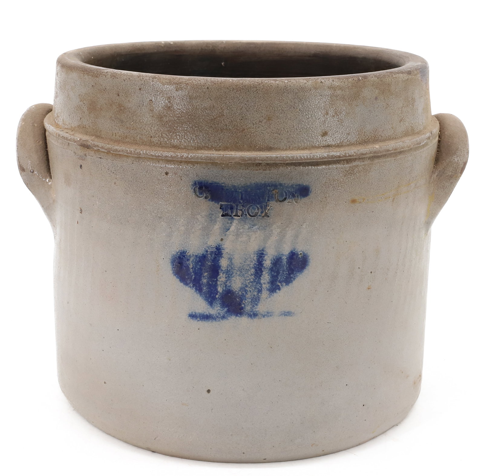 TROY, NY BLUE DECORATED CROCK: BLUE DECORATION ON FRONT BELOW IMPRESSED NAME "C.......TROY" 7 3/4" X 8". PLEASE READ CAREFULLY - ITEMS MUST BE PAID FOR THROUGH LIVE AUCTIONEERS OR WITH CASH OR CHECK IN PERSON - Terms for Purchasing