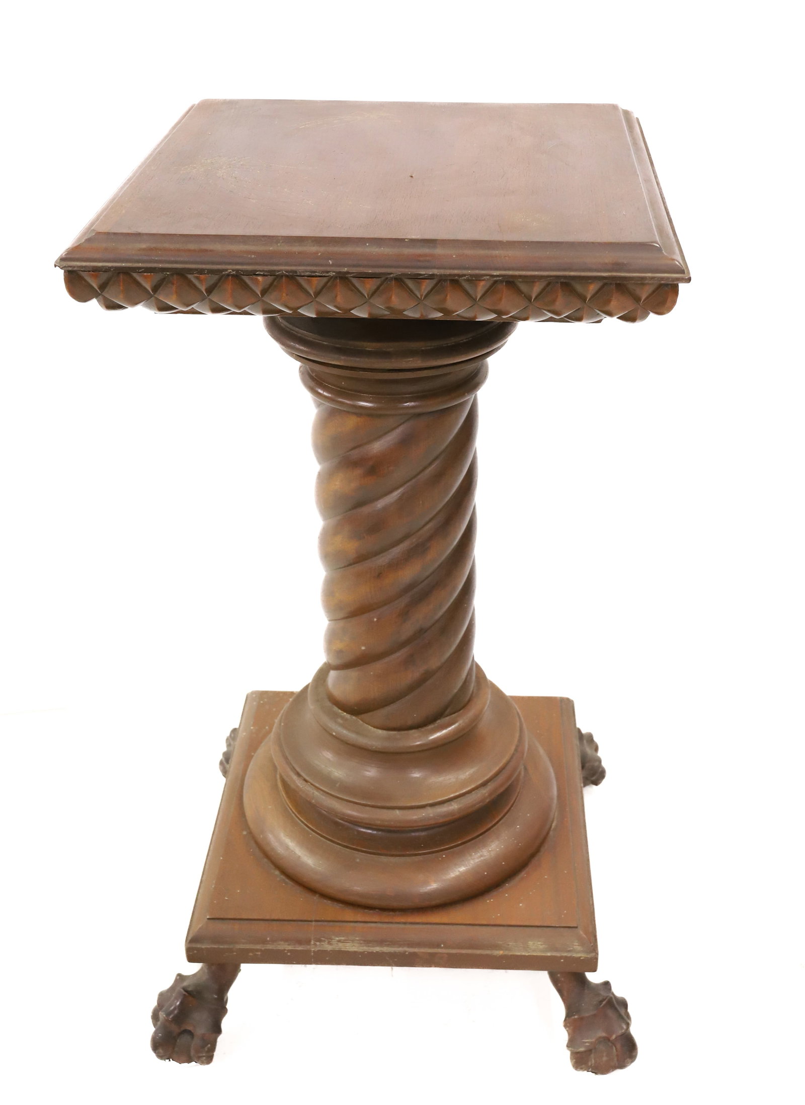 VICTORIAN MAHOGANY PLANT STAND: SQUARE TOP WITH HEFTY TWISTED COLUMN. BALL AND CLAW FEET. 32 1/4" X 17" X 17". PLEASE READ CAREFULLY - ITEMS MUST BE PAID FOR THROUGH LIVE AUCTIONEERS OR WITH CASH OR CHECK IN PERSON - Terms for Purch