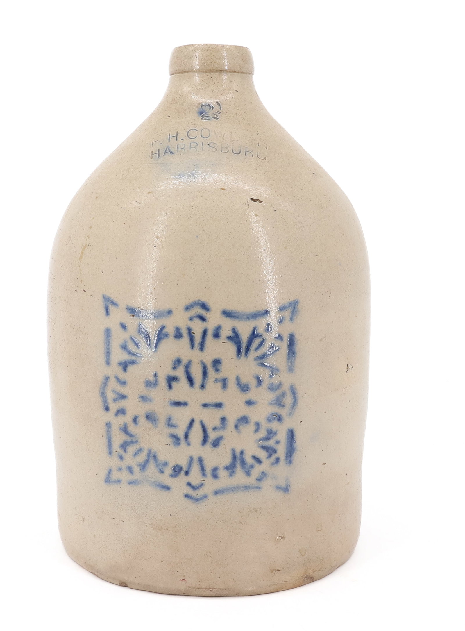HARRISBURG, PA STENCIL STONEWARE JUG: TWO-GALLON JUG WITH STENCIL "SNOWFLAKE" DESIGN. IMPRESSED "F.H. COWDEN, HARRISBURG" 13 3/4" H. PLEASE READ CAREFULLY - ITEMS MUST BE PAID FOR THROUGH LIVE AUCTIONEERS OR WITH CASH OR CHECK IN PERSON -