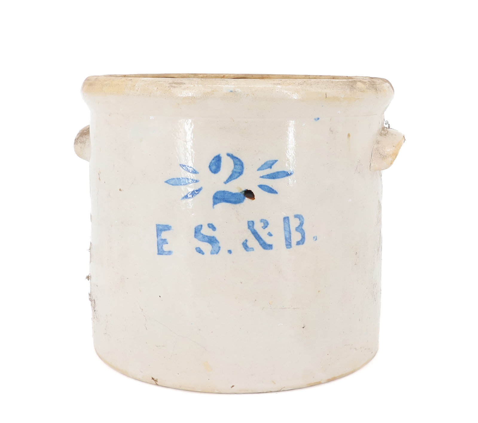 TWO-GALLON STONEWARE STENCIL CROCK: BLUE "2" OVER "E S. & B." 8 3/4" X 9 3/4". PLEASE READ CAREFULLY - ITEMS MUST BE PAID FOR THROUGH LIVE AUCTIONEERS OR WITH CASH OR CHECK IN PERSON - Terms for Purchasing and Shipping of Auction Items.