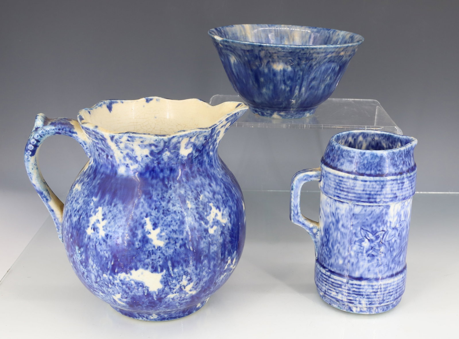 (3) BLUE / SPONGEWARE POTTERY ITEMS (1 of 7)