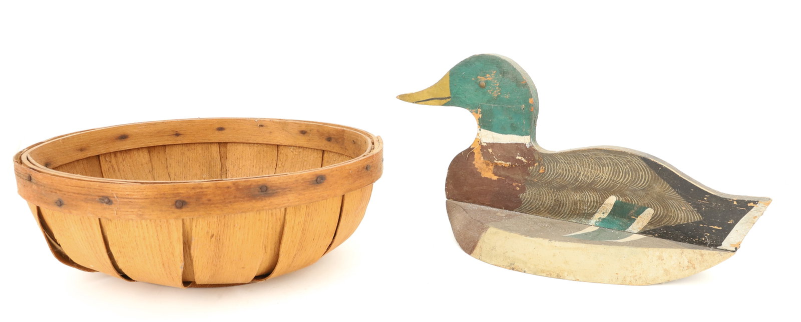 FOLK ART WOODEN DUCK AND BASKET: PAINTED FLAT DECOY ON BASE. 14" L. WITH, ROUND SHALLOW BASKET 3 3/4" X 10 3/4". PLEASE READ CAREFULLY - ITEMS MUST BE PAID FOR THROUGH LIVE AUCTIONEERS OR WITH CASH OR CHECK IN PERSON - Terms for Purc