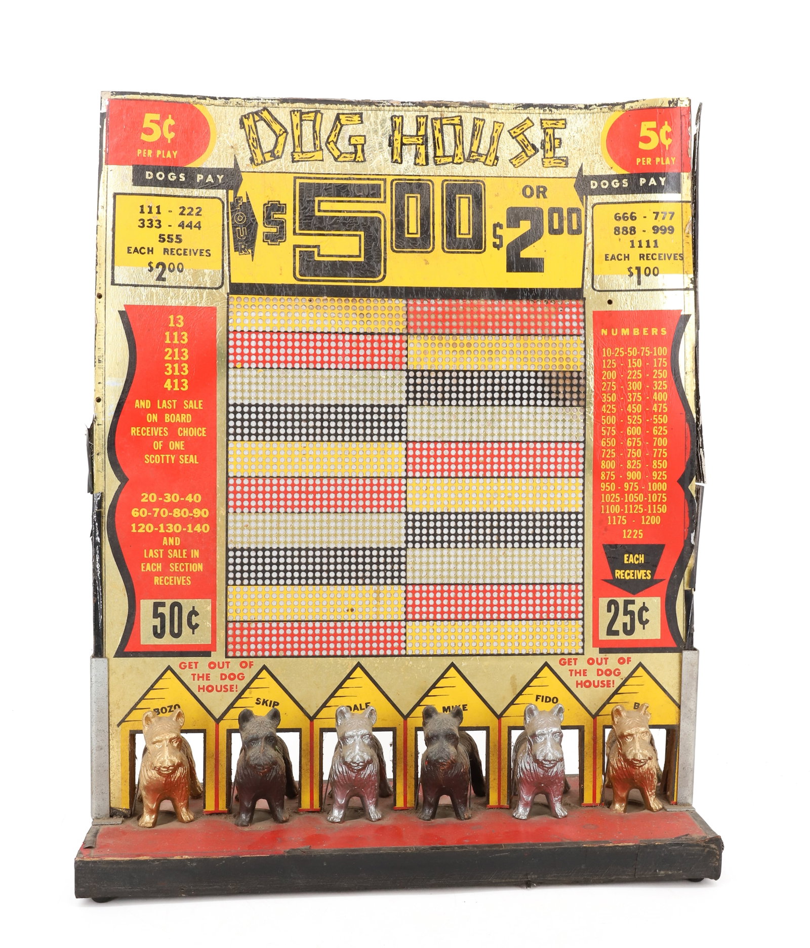 VINTAGE "DOG HOUSE" PUNCH BOARD: FOIL AND PAPER LITHO WITH CAST METAL DOGS AT BOTTOM. 17" X 13". PLEASE READ CAREFULLY - ITEMS MUST BE PAID FOR THROUGH LIVE AUCTIONEERS OR WITH CASH OR CHECK IN PERSON - Terms for Purchasing and