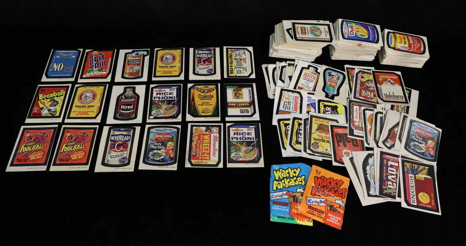LARGE LOT OF TOPPS "WACKY PACKAGES": WACKY PACKAGES STICKERS. UNUSED. W/ THREE WAX WRAPPERS / PACKAGING. PLEASE READ CAREFULLY - ITEMS MUST BE PAID FOR THROUGH LIVE AUCTIONEERS OR WITH CASH OR CHECK IN PERSON - Terms for Purchasing and