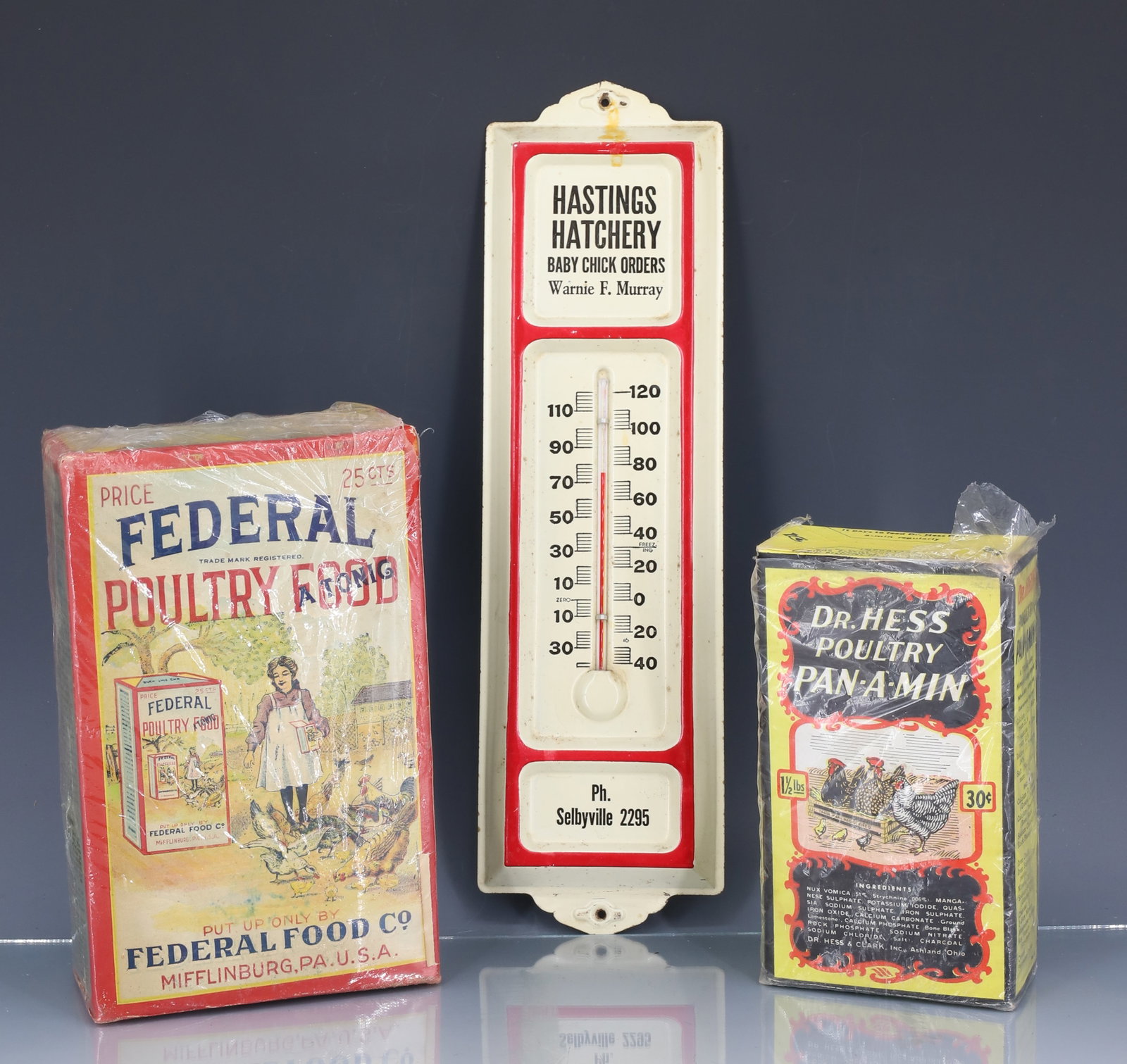 ADVERTISING THERMOMETER AND POULTRY BOXES: HASTINGS HATCHERY BABY CHICKEN ORDERS WARNIE F. MURRAY PAINTED METAL THERMOMETER (WORKING ORDER) 13" L. PAPER LITHO BOXES "DR. HESS POULTRY PAN-A-MIN" AND "FEDERAL POULTRY FOOD". PLEASE READ