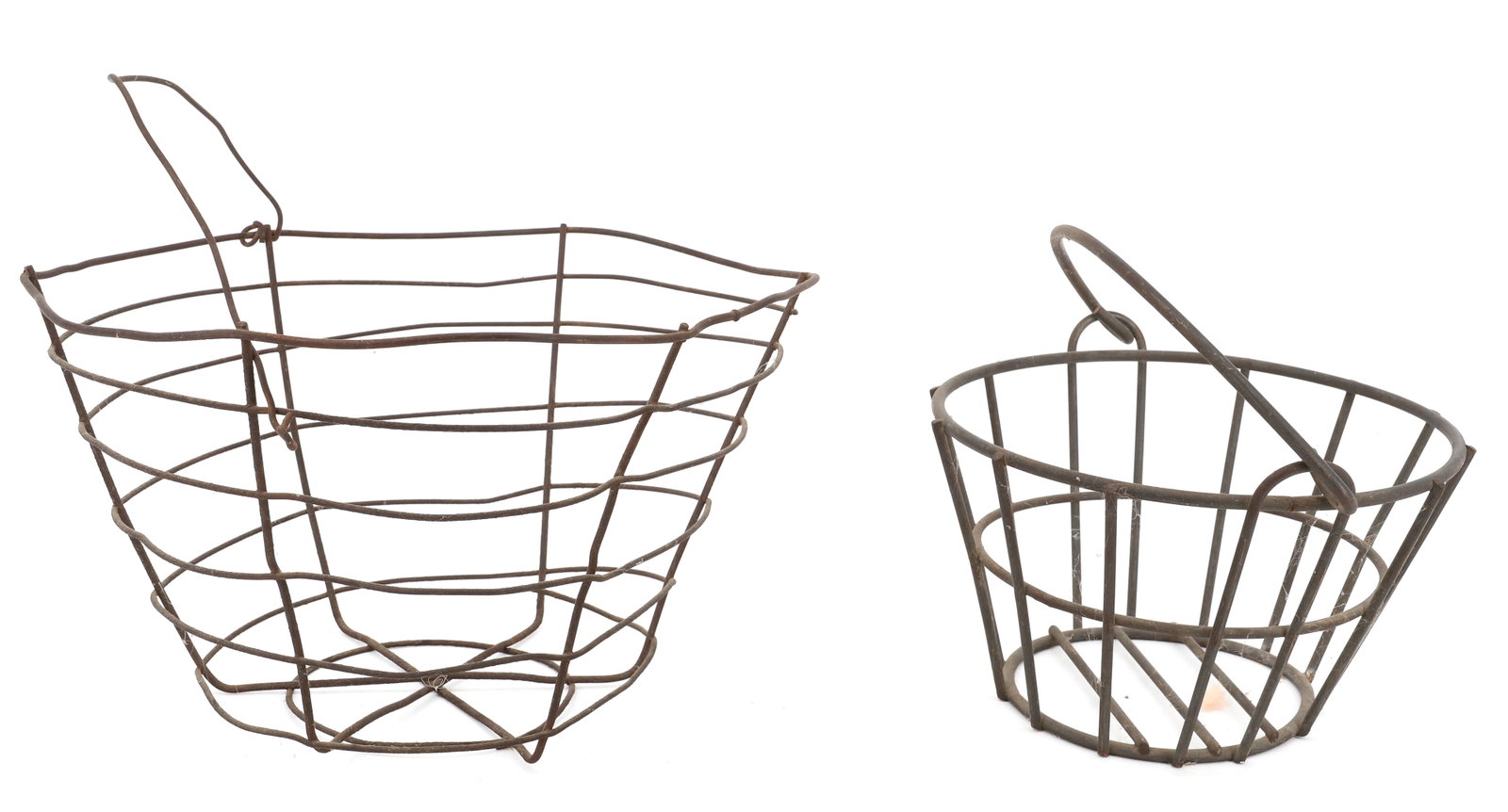(2) COUNTRY EGG BASKETS: LARGER IS BENT WIRE 6" X 9 3/4". SMALLER IS HEAVY GAUGE WIRE WITH SWING HANDLE. 4 1/4" X 7 1/4". PLEASE READ CAREFULLY - ITEMS MUST BE PAID FOR THROUGH LIVE AUCTIONEERS OR WITH CASH OR CHECK IN