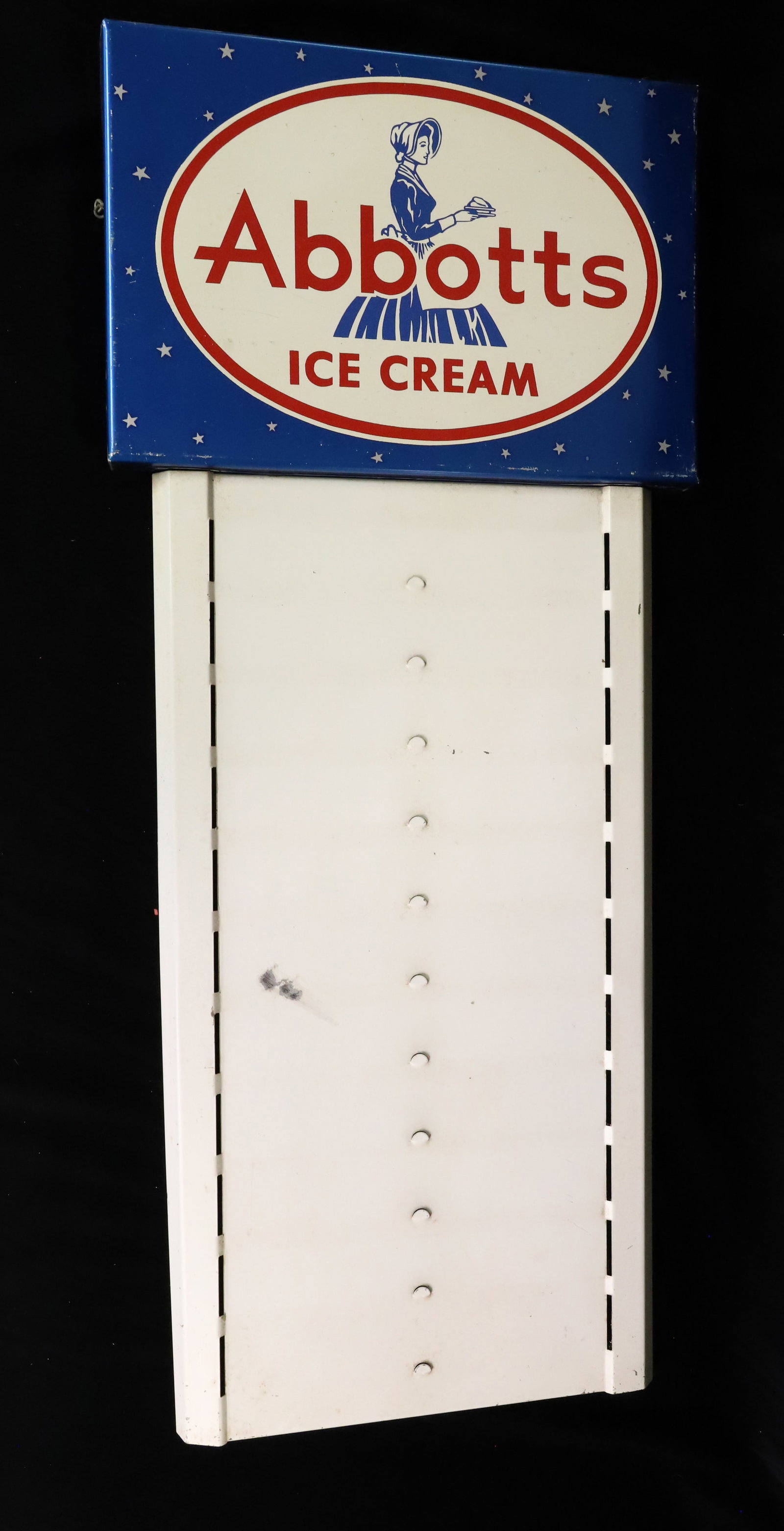 ABBOTTS ICE CREAM MENU BOARD: PAINTED ALUMINUM WITH HANG CHAIN. 29 1/2" X 12 1/2". PLEASE READ CAREFULLY - ITEMS MUST BE PAID FOR THROUGH LIVE AUCTIONEERS OR WITH CASH OR CHECK IN PERSON - Terms for Purchasing and Shipping of