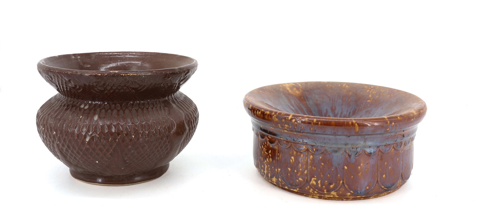 (2) POTTERY SPITTOONS: ROCKINGHAM GLAZE MOLDED EXAMPLE 3 3/4" X 8 3/4". WITH, MOLDED EXAMPLE IN CHOCOLATE BROWN GLAZE. 5 1/4" X 7 1/2". PLEASE READ CAREFULLY - ITEMS MUST BE PAID FOR THROUGH LIVE AUCTIONEERS OR WITH CASH