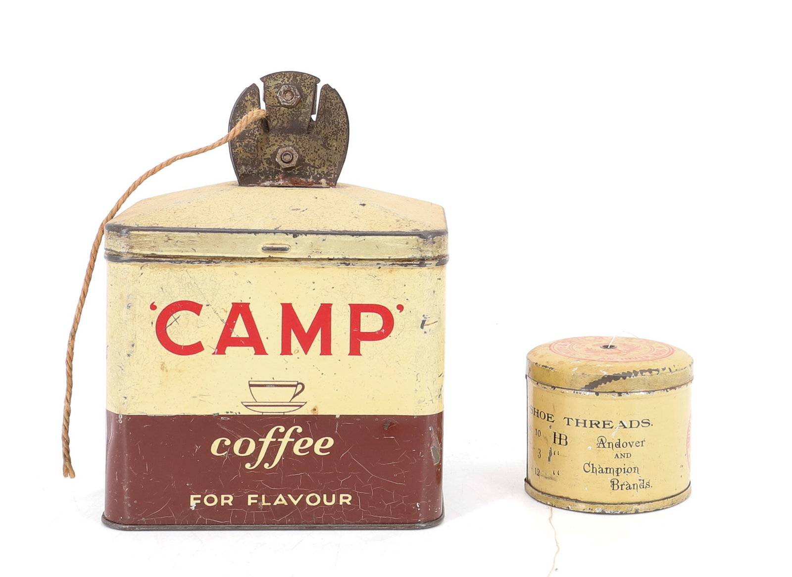 (2) TIN LITHO THREAD HOLDERS: SMALLER BY "SMITH & DOVE M'F'G CO. 2 1/4" X 2 3/4". LARGER IS MAKE-DO EXAMPLE MADE FROM "CAMP COFFEE" TIN. PLEASE READ CAREFULLY - ITEMS MUST BE PAID FOR THROUGH LIVE AUCTIONEERS OR WITH CASH OR