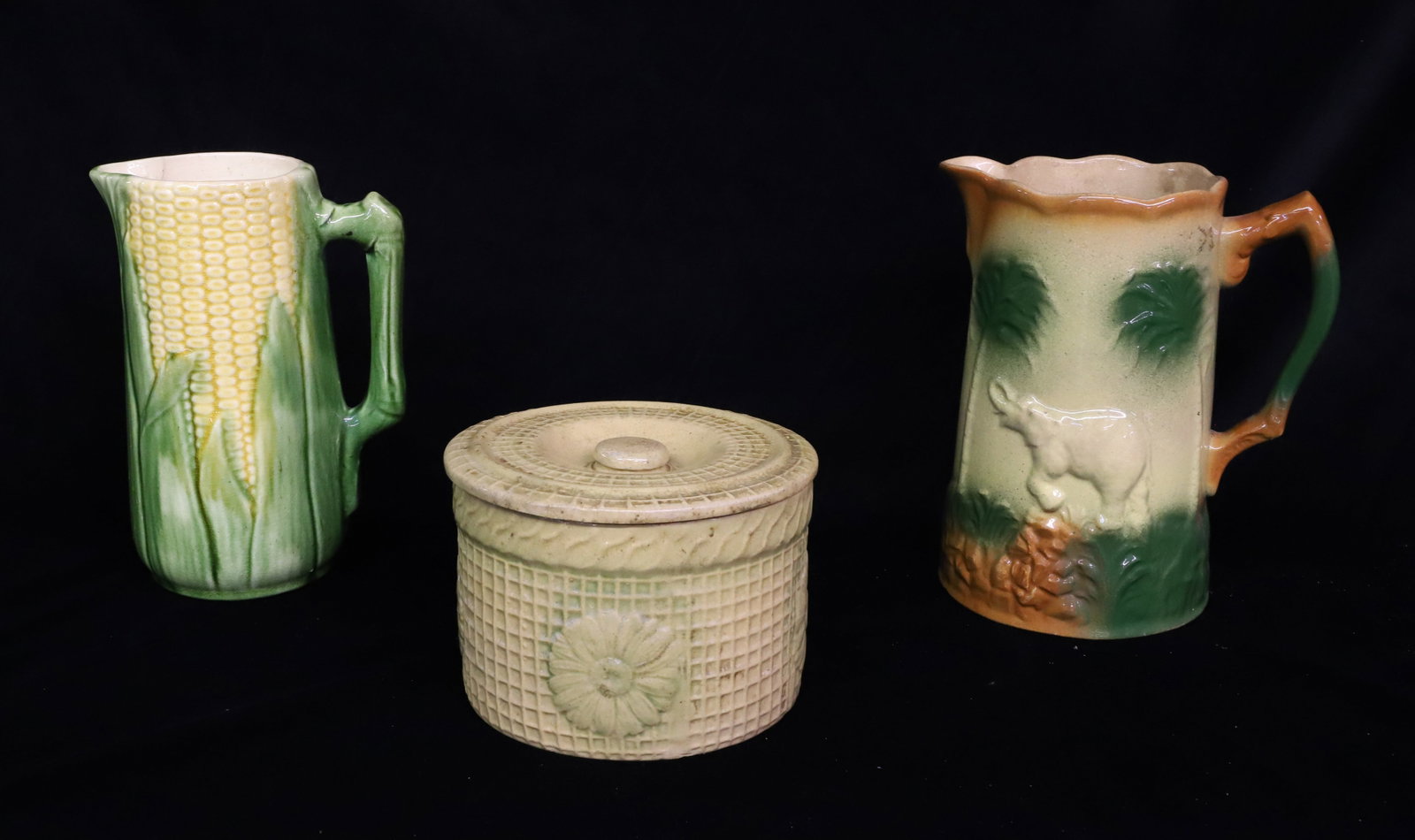 (2) POTTERY MOLDED PITCHERS AND LIDDED CROCK (1 of 4)