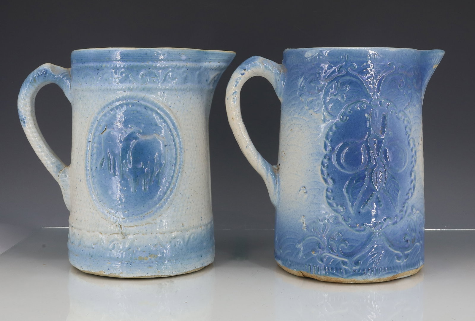 (2) BLUE / WHITE SALT GLAZED PITCHERS (1 of 8)