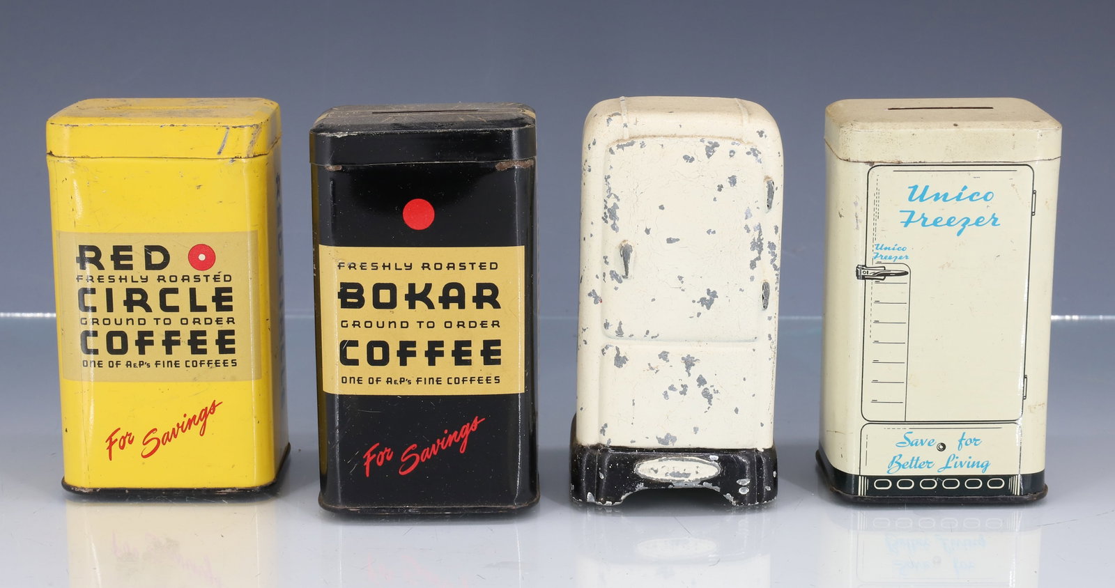 LOT OF TIN LITHO NOVELTY BANKS: INCLUDING: BOKAR COFFEE, RED CIRCLE COFFEE, UNICO FREEZER 3 7/8" AND PAINTED CAST ALUMINUM REFRIGERATOR (NATIONAL PRODUCTS, CHICAGO) 4" H. PLEASE READ CAREFULLY - ITEMS MUST BE PAID FOR THROUGH LIVE A