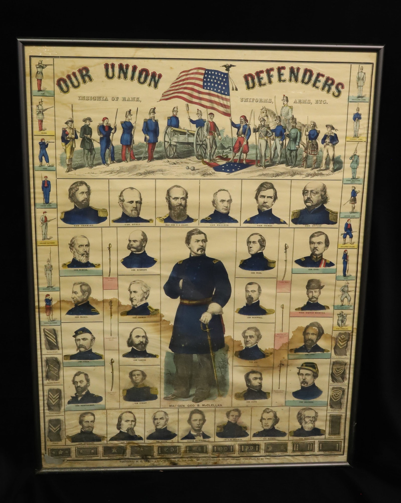 19TH C. FRAMED PRINT "OUR UNION DEFENDERS": INSIGNIA OF RANK, UNIFORMS, ARMS, ETC. APPEARS TO BE HAND COLORED. FRAMED UNDER GLASS. 38 1/4" X 28". PLEASE READ CAREFULLY - ITEMS MUST BE PAID FOR THROUGH LIVE AUCTIONEERS OR WITH CASH OR CHECK IN P