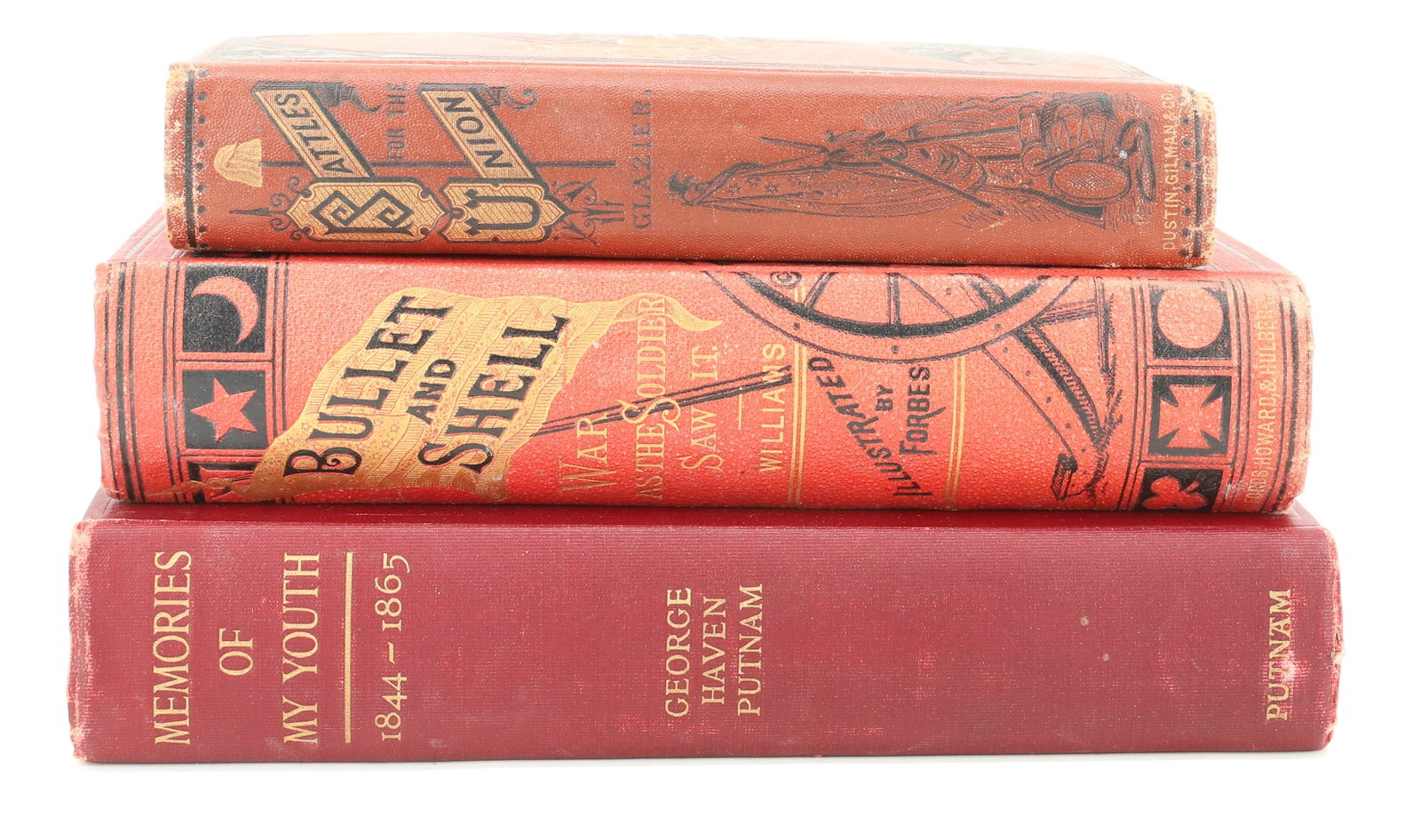 (3) CIVIL WAR-RELATED BOOKS: INCLUDING: BATTLES FROM THE UNION (1875). BULLET AND SHELL (1882). MEMORIES OF MY YOUTH 1844-1865 (1914). PLEASE READ CAREFULLY - ITEMS MUST BE PAID FOR THROUGH LIVE AUCTIONEERS OR WITH CASH OR CHECK 