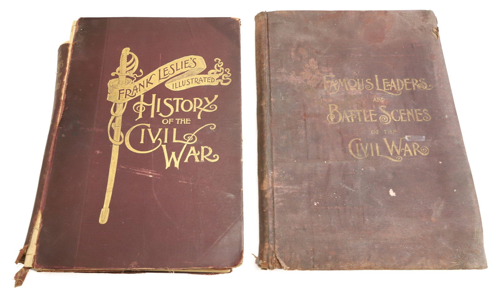 (2) FRANK LESLIE CIVIL WAR BOOKS: INCLUDING: FAMOUS LEADERS AND BATTLE SCENES OF THE CIVIL WAR (1896). HISTORY OF THE CIVIL WAR (1895). PLEASE READ CAREFULLY - ITEMS MUST BE PAID FOR THROUGH LIVE AUCTIONEERS OR WITH CASH OR CHECK IN