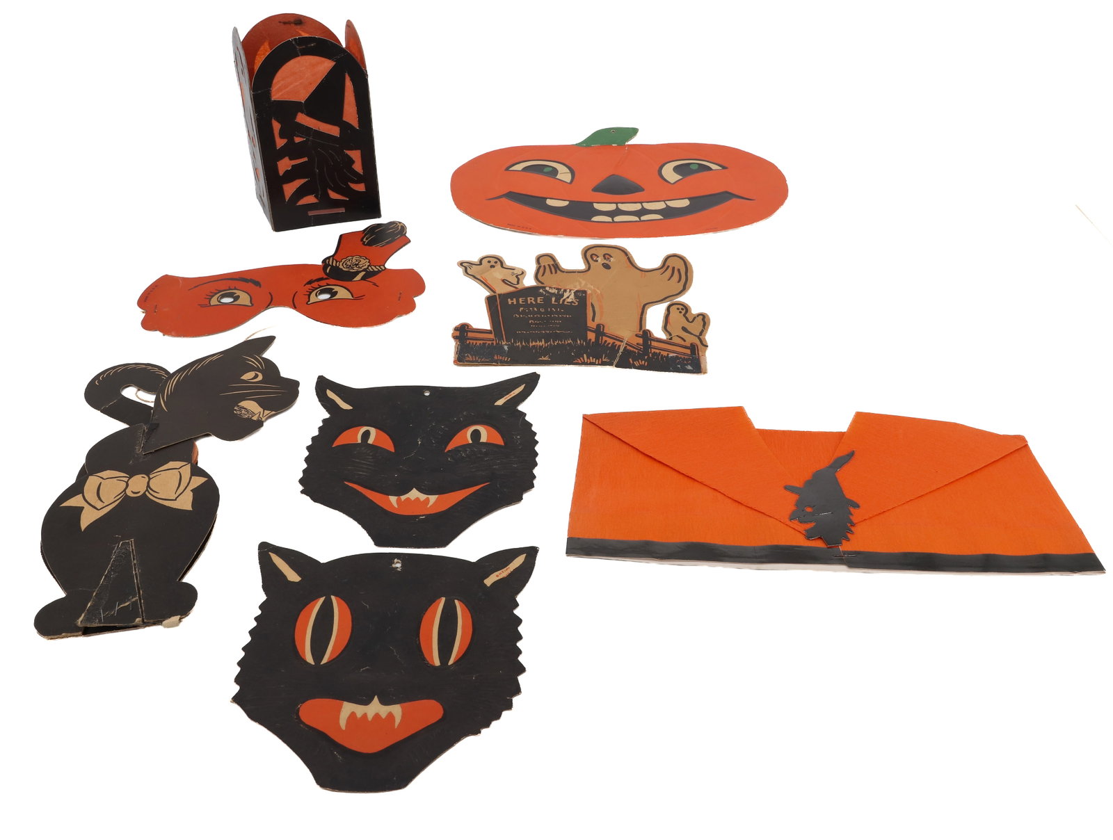 LOT OF VINTAGE HALLOWEEN DECORATIONS: PAPER CUT-OUTS, LANTERN, MASK, HAT AND MORE. MADE IN USA. PLEASE READ CAREFULLY - ITEMS MUST BE PAID FOR THROUGH LIVE AUCTIONEERS OR WITH CASH OR CHECK IN PERSON - Terms for Purchasing and Shipping