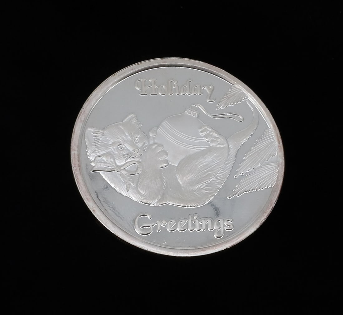 .999 SILVER HOLIDAY COIN: HOLIDAY GREETINGS 2000 MRKD. 1 TROY OUNCE .999 SILVER. PLEASE READ CAREFULLY - ITEMS MUST BE PAID FOR THROUGH LIVE AUCTIONEERS OR WITH CASH OR CHECK IN PERSON - Terms for Purchasing and Shipping of