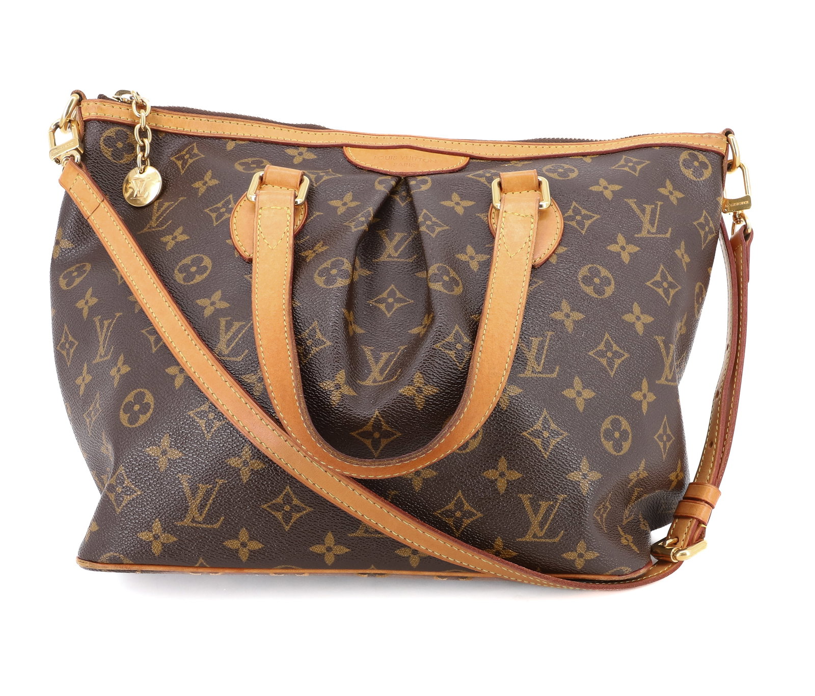 LOUIS VUITTON PALERMO PM HANDBAG: BROWN MONOGRAM COATED CANVAS WITH TAN LEATHER HANDLES AND STRAP. LEATHER TAB #SD2069. 9 1/2" X 14 3/4". PLEASE READ CAREFULLY - ITEMS MUST BE PAID FOR THROUGH LIVE AUCTIONEERS OR WITH CASH OR CHECK IN