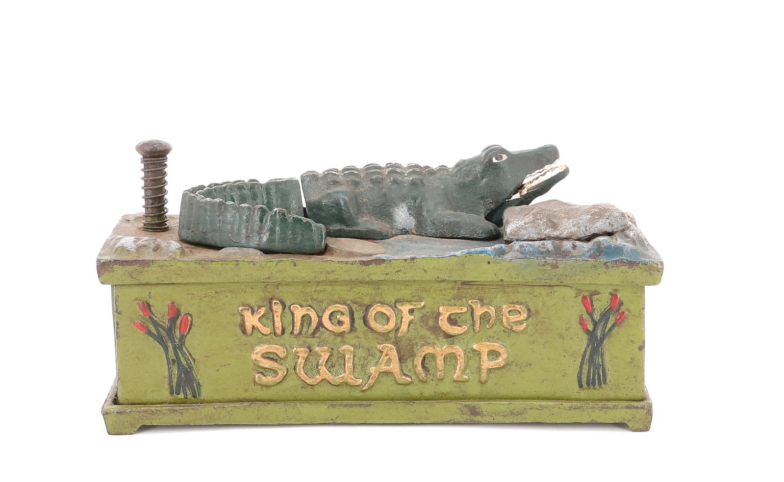 KING OF THE SWAMP MECHANICAL BANK: PAINTED CAST IRON. MRKD. M. STERSDORFER COMPANY, GERMANY 1935 ON BOTTOM. 8" L. ORIGINAL PAINT. PLEASE READ CAREFULLY - ITEMS MUST BE PAID FOR THROUGH LIVE AUCTIONEERS OR WITH CASH OR CHECK IN PERSON