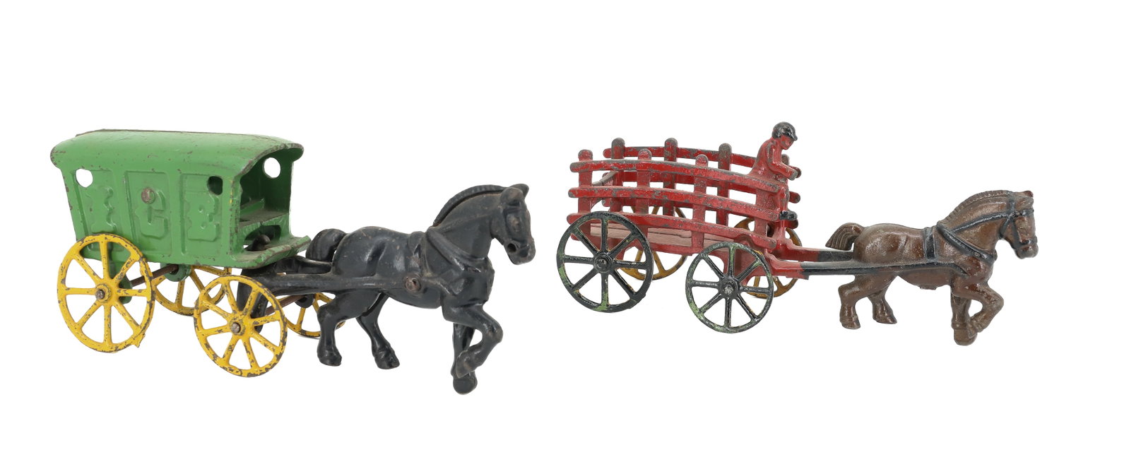 (2) CAST IRON HORSE TOYS: INCLUDING: HORSE PULLING "ICE" WAGON 8" L. HORSE WITH DRIVER PULLING STAKE BODY WAGON. 8 3/8" L. PLEASE READ CAREFULLY - ITEMS MUST BE PAID FOR THROUGH LIVE AUCTIONEERS OR WITH CASH OR CHECK IN