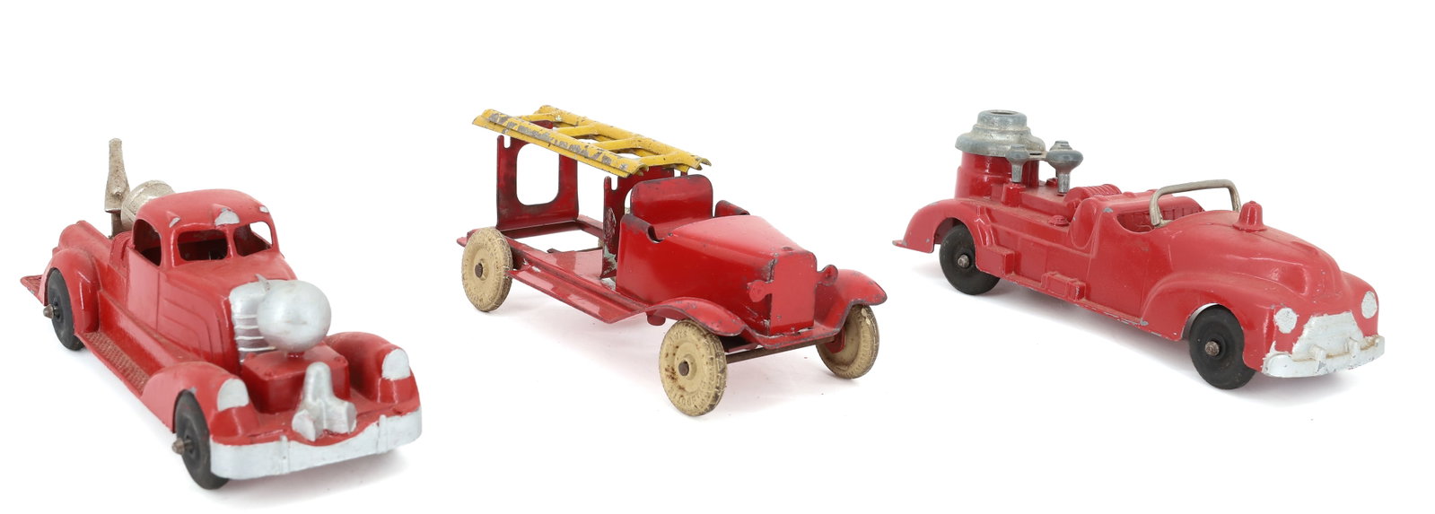 (3) VINTAGE TOY FIRE TRUCKS: INCLUDING: HUBLEY KIDDIE-TOY W/ SEARCHLIGHT 7 1/4" L. PAINTED METAL FIRE PUMPER 7 1/8" L. AND PRESSED METAL/PAINTED LADDER TRUCK 6 1/2" L. PLEASE READ CAREFULLY - ITEMS MUST BE PAID FOR THROUGH LIVE