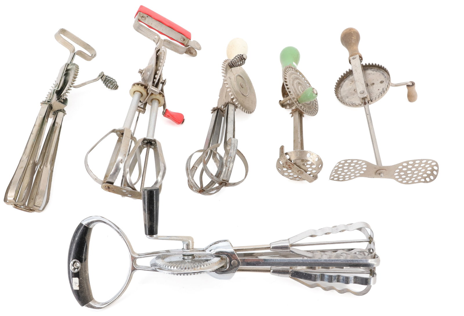 LOT OF VINTAGE EGG BEATERS: (6) INCLUDING: PERSINWARE (AUSTRIA). ADD BEATER (1921). FLINT. THE DREAM CREAM WHIP (DEKALB, ILL). BIG BINGO NO. 71 AND MORE. LARGEST 12 3/4" L. PLEASE READ CAREFULLY - ITEMS MUST BE PAID FOR THROUGH