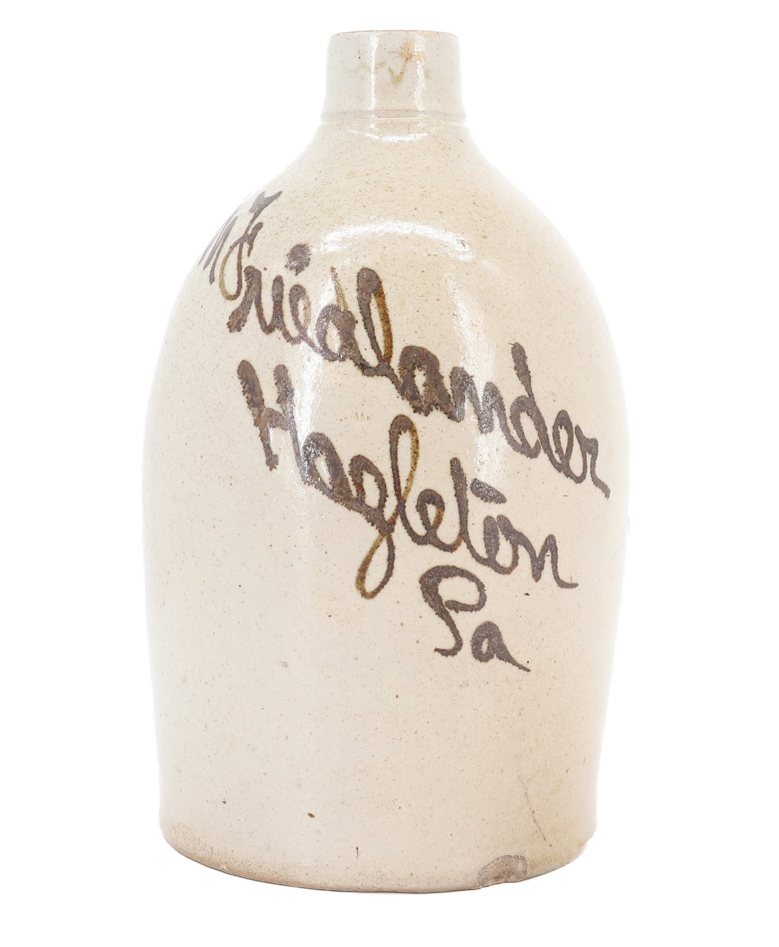HAZLETON, PA BROWN SCRIPT ADVERTISING JUG: M. FRIEDLANDER, HAZLETON, PA 9 1/4" H. X 5". PLEASE READ CAREFULLY - ITEMS MUST BE PAID FOR THROUGH LIVE AUCTIONEERS OR WITH CASH OR CHECK IN PERSON - Terms for Purchasing and Shipping of Auction