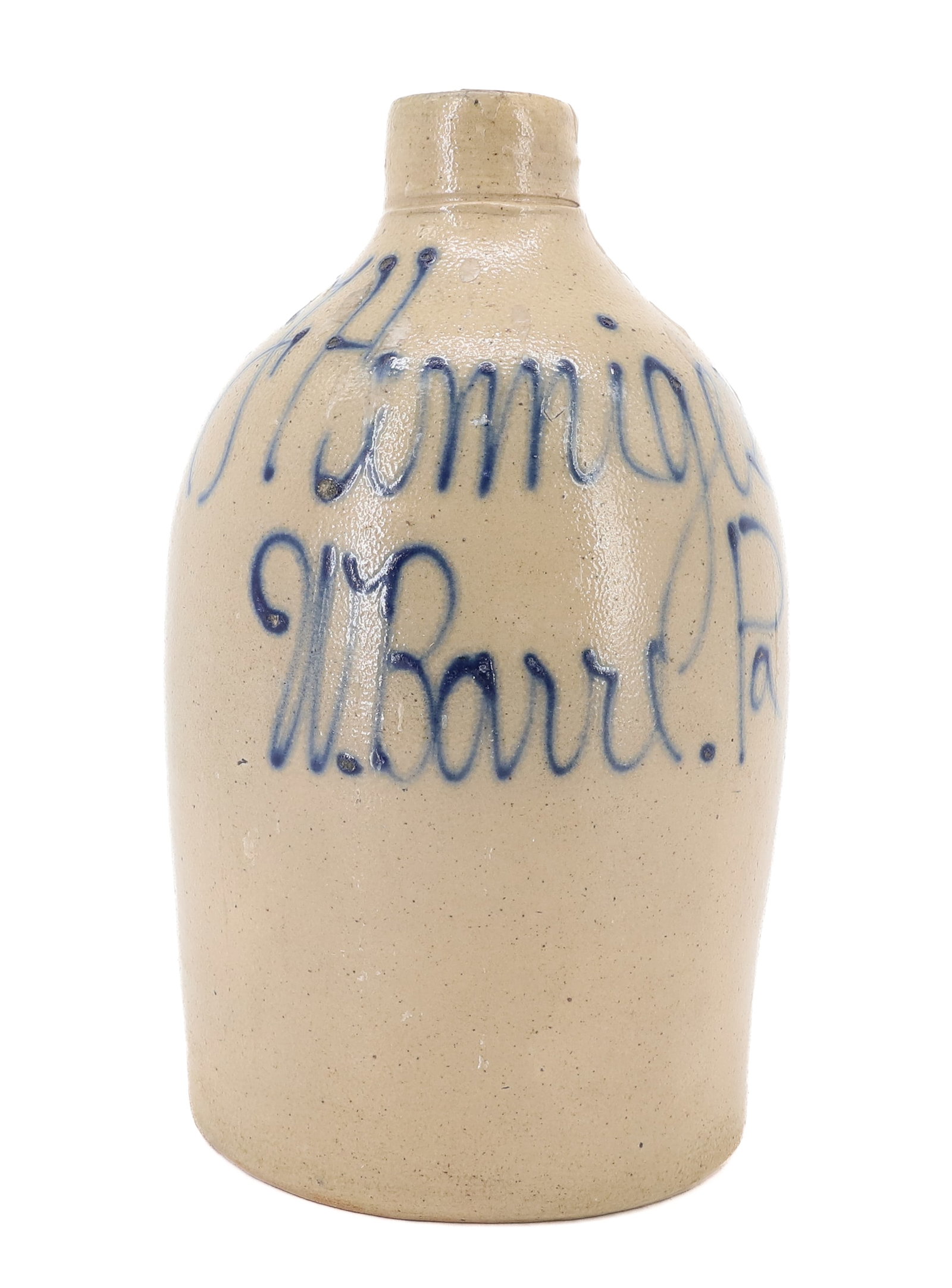 WILKES-BARRE, PA ADVERTISING JUG: BLUE SCRIPT "F. HANNIGES, W.BARRE. PA". 10" H. X 5 1/2". PLEASE READ CAREFULLY - ITEMS MUST BE PAID FOR THROUGH LIVE AUCTIONEERS OR WITH CASH OR CHECK IN PERSON - Terms for Purchasing and Shipping of