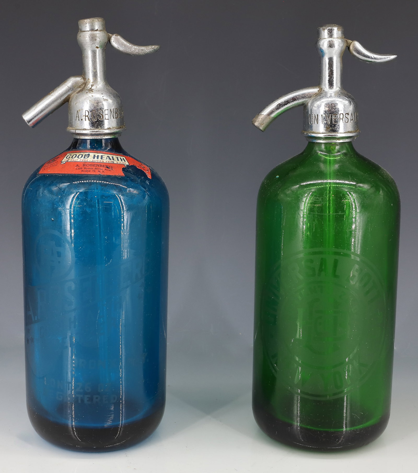 (2) COLORED SELTZER BOTTLES - 2