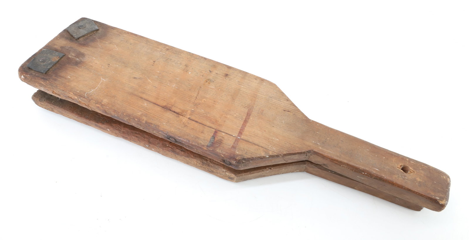 ANTIQUE WOODEN PRESS: HINGED TWO-PIECE PRIMITIVE LARD PRESS. CAST IRON FASTENERS. 21" L. PLEASE READ CAREFULLY - ITEMS MUST BE PAID FOR THROUGH LIVE AUCTIONEERS OR WITH CASH OR CHECK IN PERSON - Terms for Purchasing and