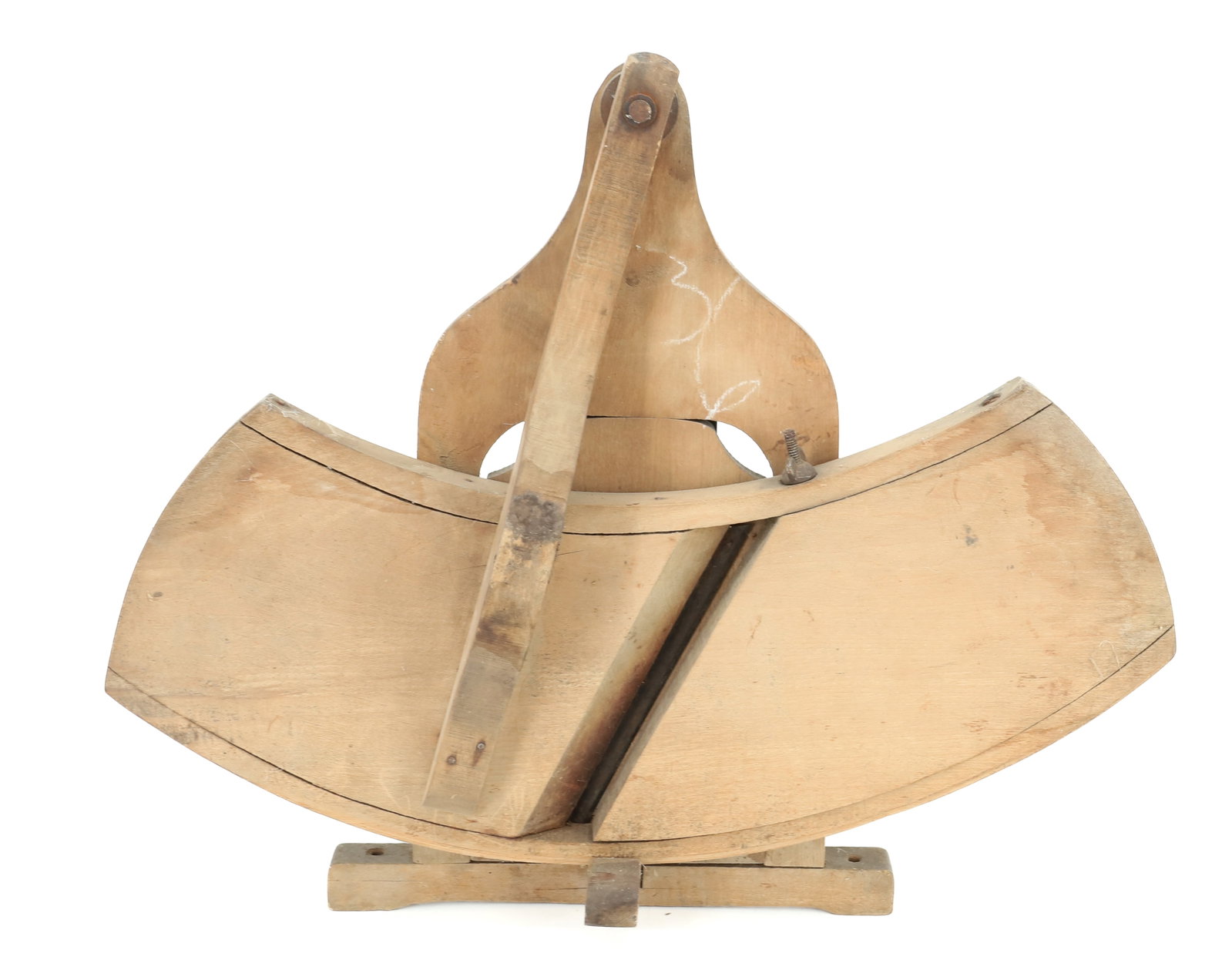 ANTIQUE WOODEN MEAT SLICER: HINGED LID TO PRESS ITEMS AND SWINGING SLICER. 14 3/4" X 8 1/2" X 17 1/4". PLEASE READ CAREFULLY - ITEMS MUST BE PAID FOR THROUGH LIVE AUCTIONEERS OR WITH CASH OR CHECK IN PERSON - Terms for