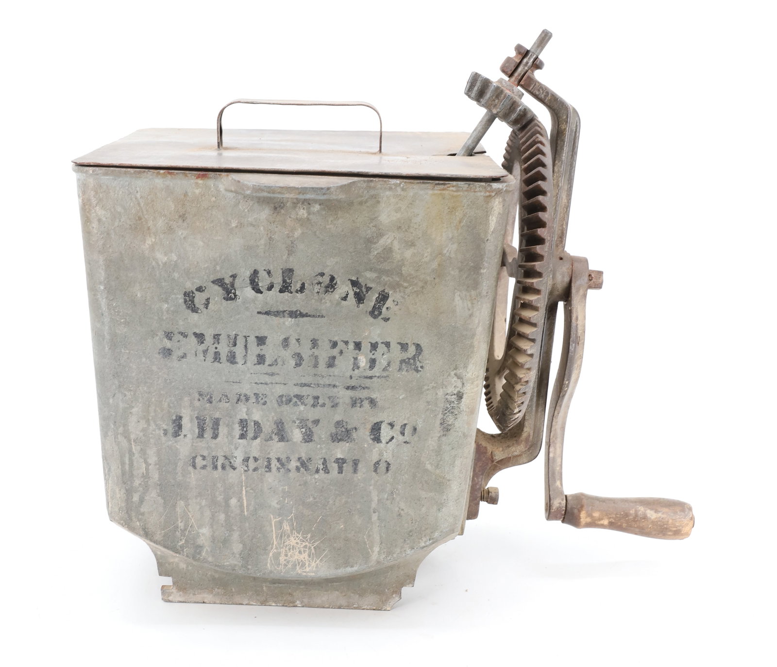 ANTIQUE "CYCLONE EMULSIFIER": STENCILED HEAVY ALUMINUM IRON GEARS. "MADE ONLY BY J.H. DAY & CO. CINCINNATI, O" 14" X 15". PLEASE READ CAREFULLY - ITEMS MUST BE PAID FOR THROUGH LIVE AUCTIONEERS OR WITH CASH OR CHECK IN PERSON - Te