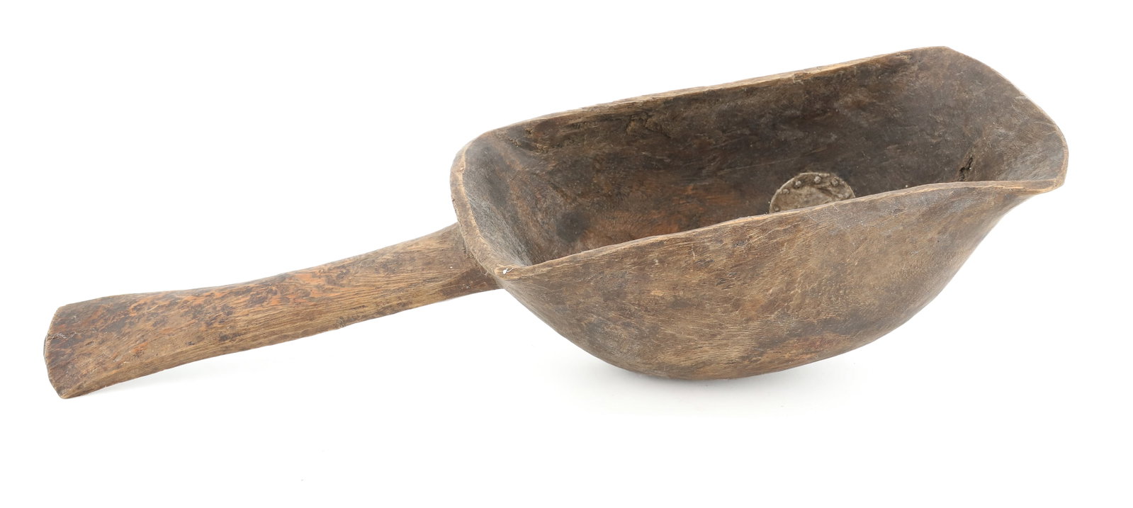CARVED GRAIN SCOOP: UNUSUAL FORM WITH DUG-OUT BOWL (WITH PATCH). 16 1/2" L. PLEASE READ CAREFULLY - ITEMS MUST BE PAID FOR THROUGH LIVE AUCTIONEERS OR WITH CASH OR CHECK IN PERSON - Terms for Purchasing and Shipping of